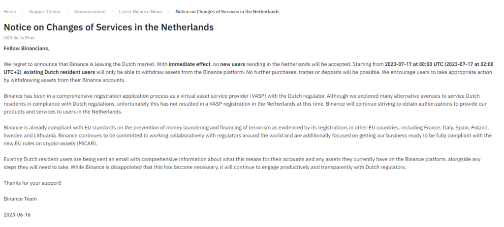 Binance to exit Dutch market on July 17, citing regulatory challenges image 125