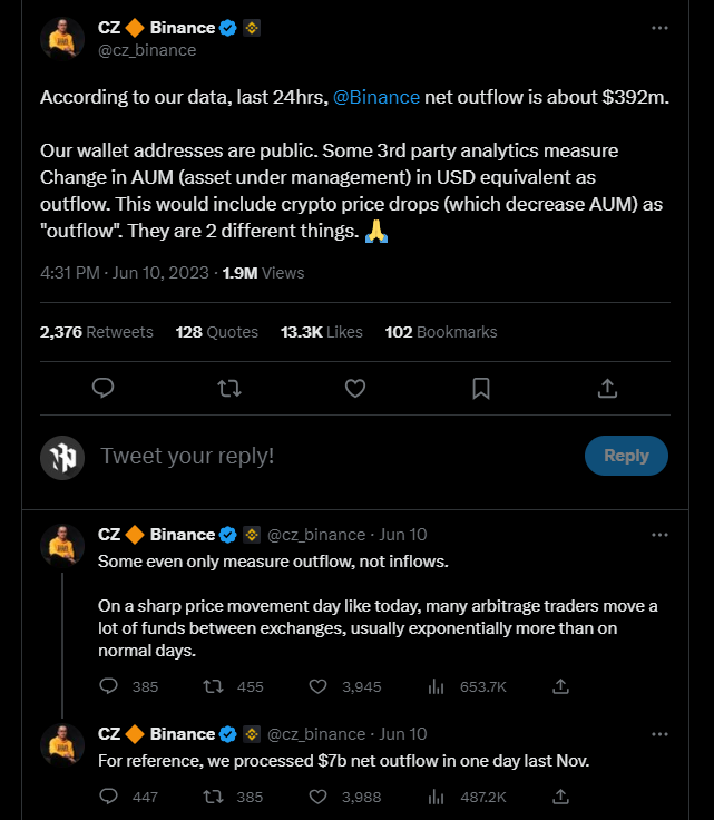 Binance CEO CZ responds as data points to billions in exchange outflows image 84