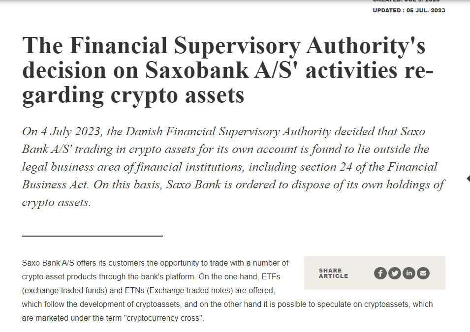Danish Financial Regulator Orders Saxo Bank to Divest Crypto Assets image 37