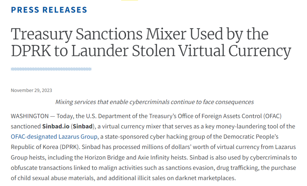 Treasury targets Sinbad crypto mixer for alleged North Korea ties image 120