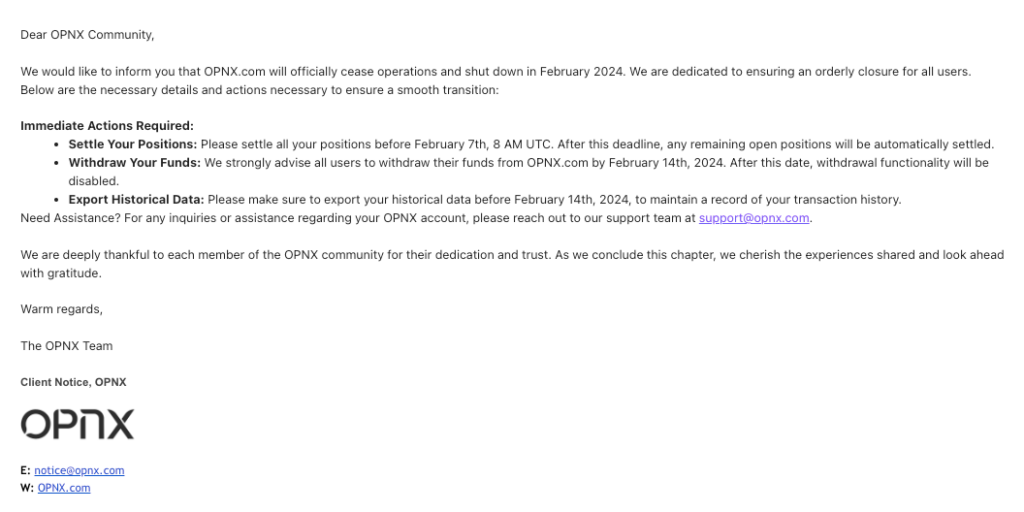 OPNX email to customers