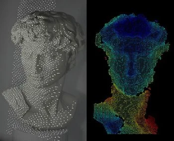 3D surface imaging - The facial recognition system scans a bust of Michelangelo’s David and reconstructs the image. 
